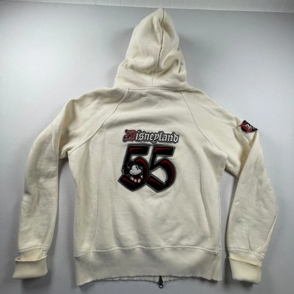 Disneyland Resort 55 Mickey Mouse Zip Up Hoodie Cream Women Large Varsity Patch